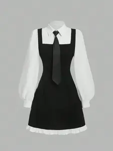 Women's Button Decoration A-line Dress, Casual Bishop Sleeve Dress for Daily Wear, Ladies Clothes for All Seasons, Fitted