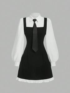 Women's Button Decoration A-line Dress, Casual Bishop Sleeve Dress for Daily Wear, Ladies Clothes for All Seasons