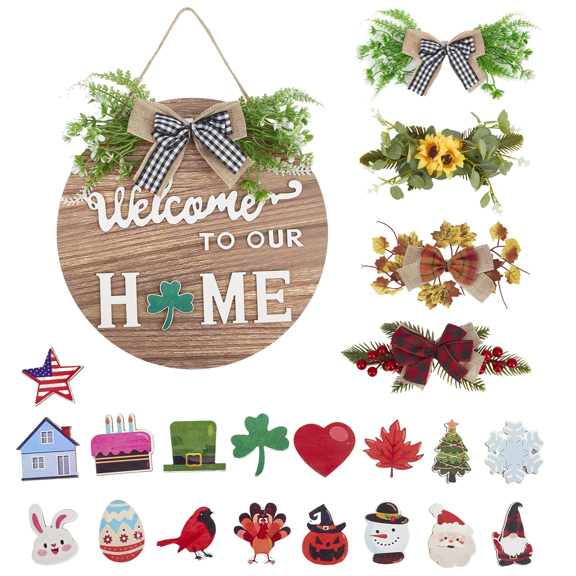 All-Season Front Door Decoration, Wooden Welcome Sign Round Hanging Wreath for Porch, Entryway, and Home Wall Decor, Halloween Christmas Decor