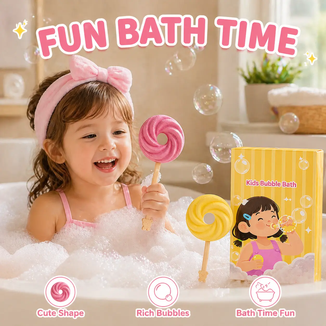 Kids Bubble Bath Balls Toy, Lollipop-Shaped Bath Bomb for Bathtub, Fun Bubble Bath Fizzy with Rich Foam, Colorful Kids Bath Toy for Toddlers & Children, Pink & Yellow Bath Time Fun