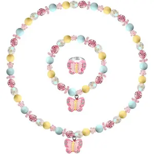 Msnailfly Butterfly Stretch Necklace Little Girl Toddler Necklace Bracelet Set, Little Princess Jewelry Kids Play Necklaces Butterfly Rings for Kids