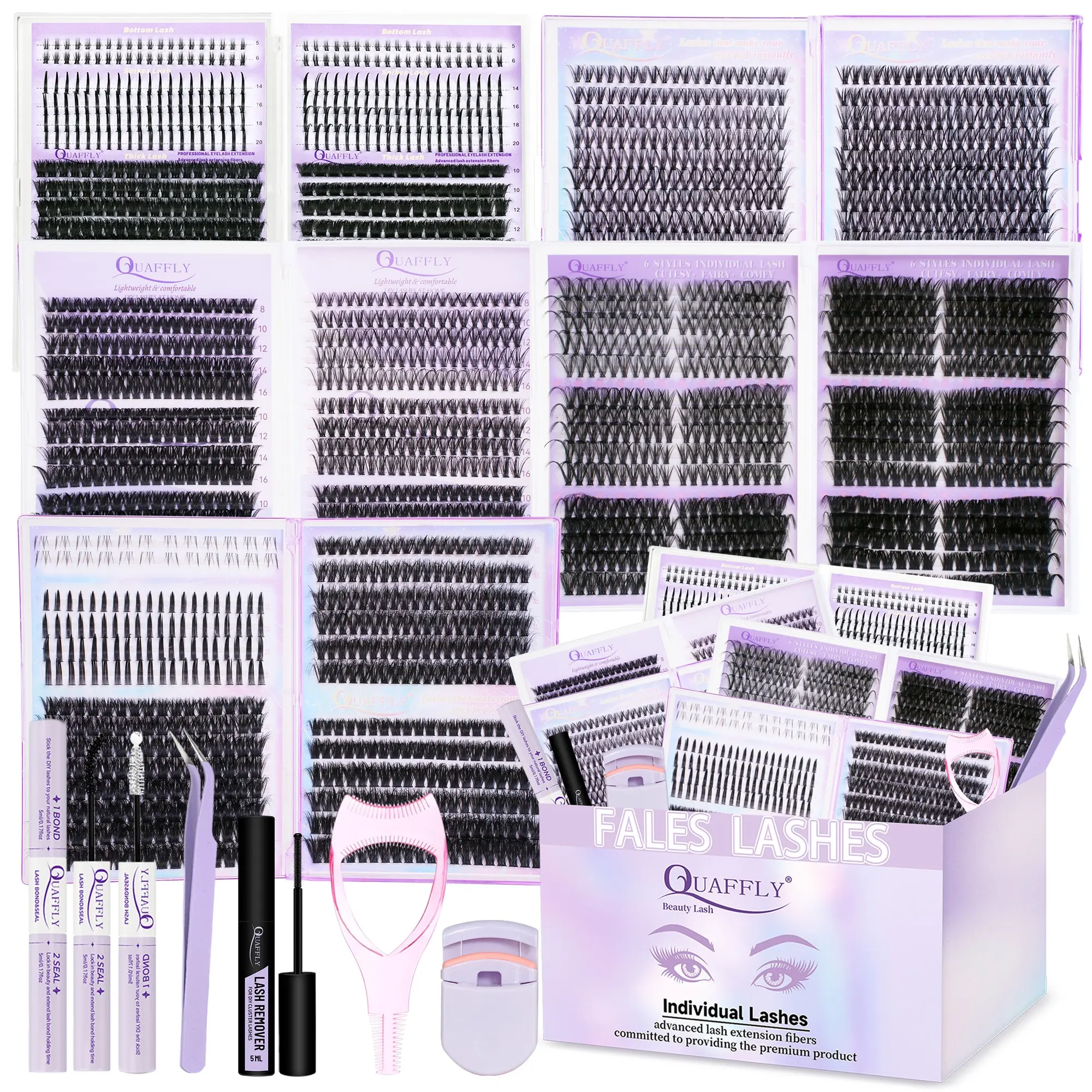 Lash Clusters Kit, Eyelash Extensions Kit, DIY Eyelash Extension Mix Styles Spike+ Bottom Lashes With Lash Bond and Seal Remover Tweezers Mascara Shield Lash Curler Volume False Eyelashes Clusters For Beginners Eyelash Glue