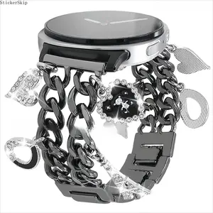 2026 NEW Metal Band for Samsung Galaxy Watch 8 (40mm/44mm) & Watch 8 Classic (46mm), Fashion Cuban Chain Bracelet with Cute Heart Pendant Charm, Smart Watch Straps