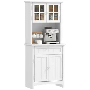 Kitchen Buffet Hutch – White, Wooden Storage Cabinet with Framed Glass Door, Drawer & Microwave Space, Beadboard Panels, Adjustable Shelves, 77 lbs
