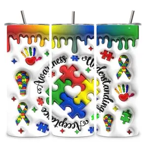 Autism Awareness 20oz Tumbler with Colorful Puzzle Pieces and Ribbons Design for Support and Understanding