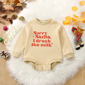 Infant Newborn Baby Boy Girl Romper Cartoon Sorry Santa I Drank the Milk Letter Print Waffle Long Sleeve Romper Fall Jumpsuit