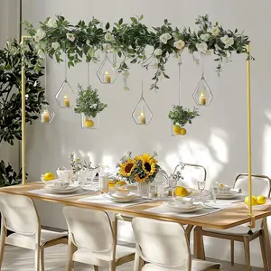 Over The Table Rod Stand with Clamps - Metal Flower Design, Adjustable Length 47"-98" & Height 10"-40", Gold Finish