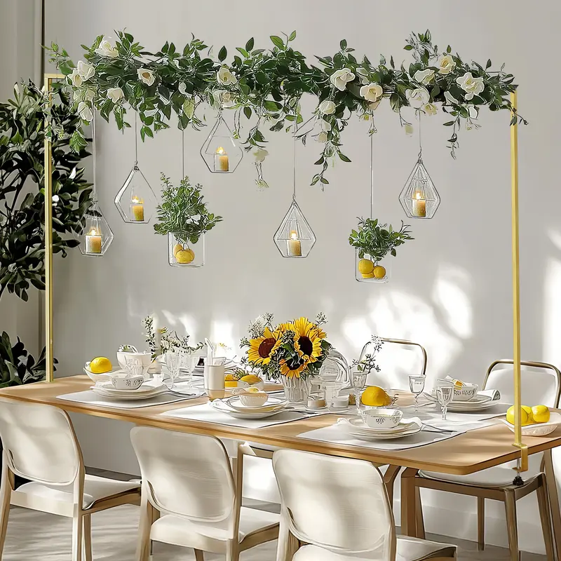 Over The Table Rod Stand with Clamps - Metal Flower Design, Adjustable Length 47"-98" & Height 10"-40", Gold Finish