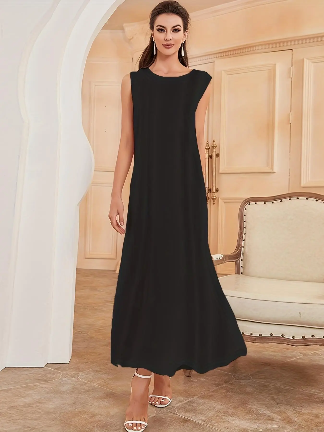 Women's Modest Sleeveless Satin Arabian Dress, Casual Boat Neck Long Dress for Summer, Women's Islamic Clothing for Daily Wear