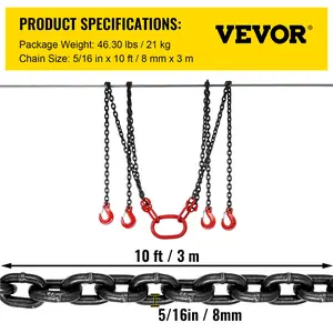 VEVOR Chain Sling, 5/16 inchx 10 ft Lifting Chains with Hooks, G80 Engine Chain Hoist Lifts, 11000 lbs/5 Ton Capacity Lifting Sling Chains for Engine Hoist, Engine Lift Chain with 4 Leg Grab Hooks