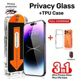 3in1, 2 Pack Privacy Screen Protector+1 Phone Case, Cover, Compatible iPhone 17 Air/16E/17/16/15/14/13/12/11/Pro Max/Pro/Plus/Mini/X/XS/XR, One-Click Film Applicator, Auto-Align Kit, Anti-Spy, Anti-Scratch, Dust-Free Installation Accessories