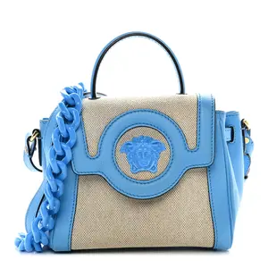 Pre-owned VERSACE Canvas Shoulder Bags Grained Calfskin Small La Medusa Chain Top Handle Handbag Rope Blue