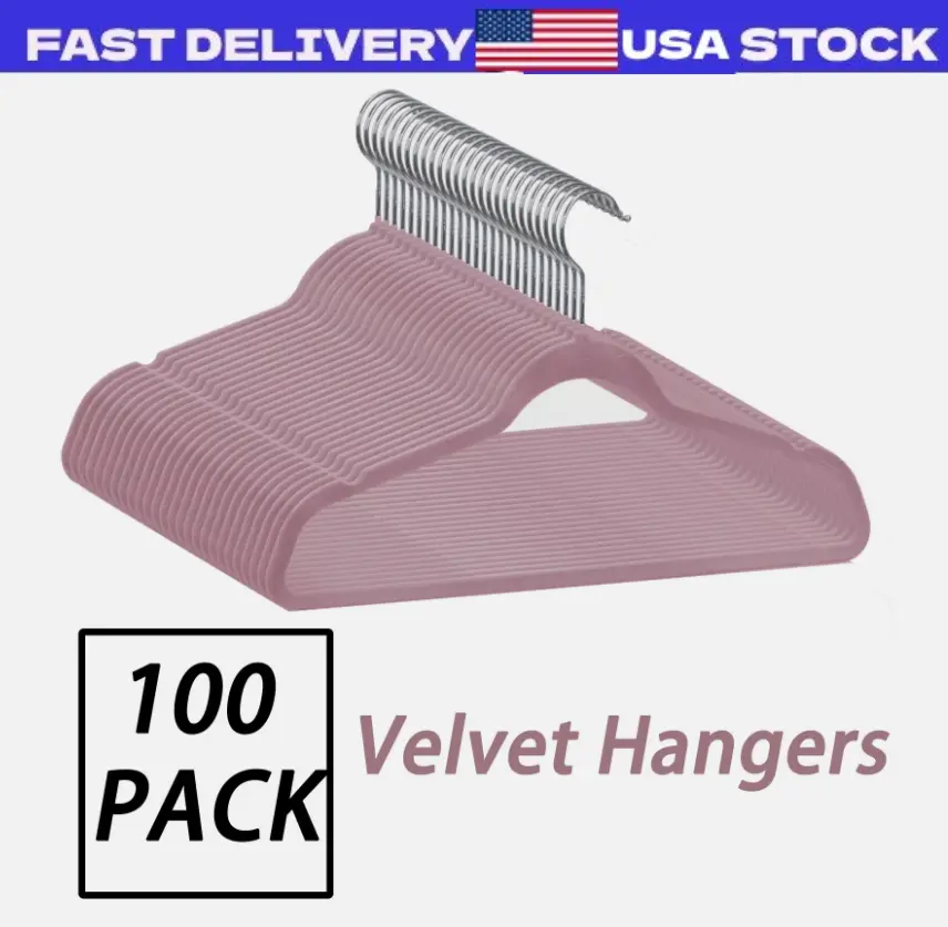 100 Pack Premium Velvet Clothes Hangers Coat Shirt Hangers 360° Swivel Pink