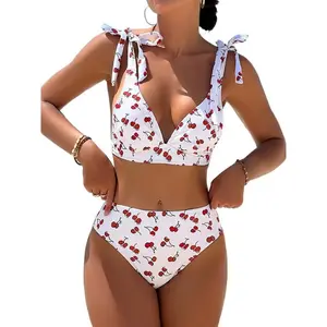 Black Cherry Print Bikini Set Women Tie Up  V Neck Push Up High Waist Swimsuit Cut Out Bathing Suit Two Piece Swimwear bikini suit wide shoulder  vintage swimsuit halter neck swim top odette  orlena  bathing  suit  back adjustable