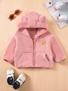Girls' Winter Zip-Up Jacket, Animal Print Woven Fabric, Fitted Casual Style, Warm Thickened Design, Fashionable Pocket Detail