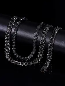 3pcs Iced Out Black Simple Cuban Chain Necklace Men Women  Black Rhinestones Chunky Cuban Necklace+Bracelet Set Jewelry Fashionable Jewelry Set