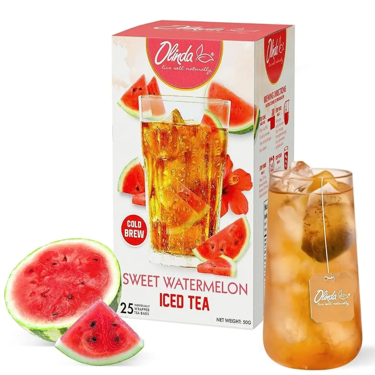 Olinda Iced Tea Sweet Watermelon Iced Tea Bags Cold Brew Herbal Green Tea Summer Drink Hot and Cold Brew Natural Sucralose Sweetened Fruity Flavored Healthy Caffeinated Tea