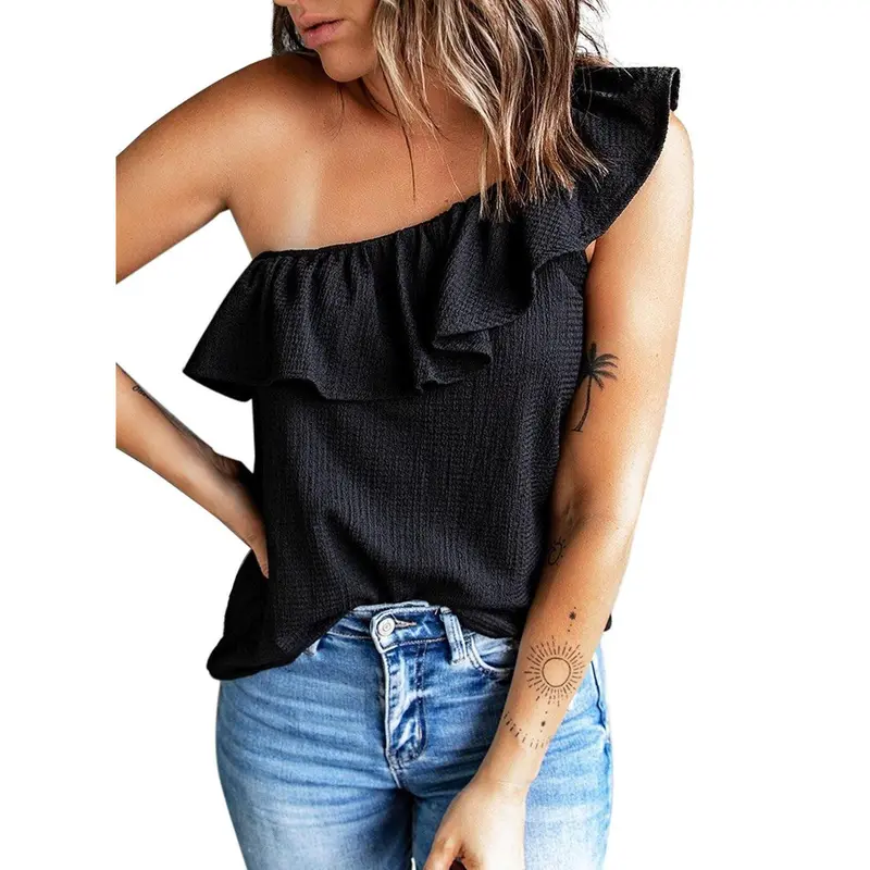 Dokotoo Womens One Shoulder Tops Ruffled Solid Tunic Shirts Sleeveless Loose Tank Top