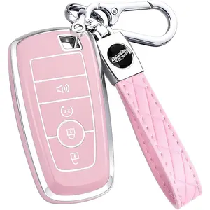 Key Fob Cover for Ford - Premium Soft TPU Shell Full Protection Case with Keychain, Fits Bronco Sport Maverick Ranger Explorer Expedition Escape Edge Mustang F150 F250 F350 Fusion, Pink 4-Button