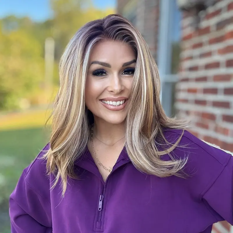 AISOM Grace Honey Caramel Blonde 13x4 Free Part Synthetic Lace Front Wig with Scandinavian Hairline Natural Wave 16 Inch Very Low Density