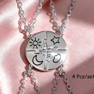 Set of 4 BFF Friendship Necklaces – Sun Moon Star Cloud Rhinestone Pendant Set for Best Friends Forever