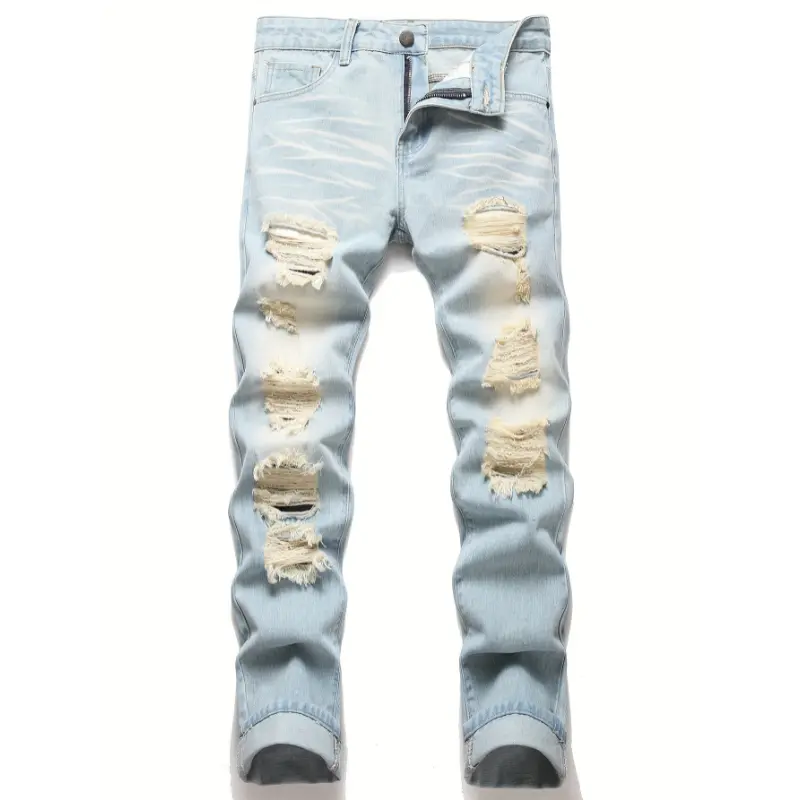 Men's Slim-Fit Ripped & Frayed Bleach Wash Jeans - Distressed Light Blue Denim with Vintage Appeal, Comfortable Mid-Rise, All-Season Casual Wear