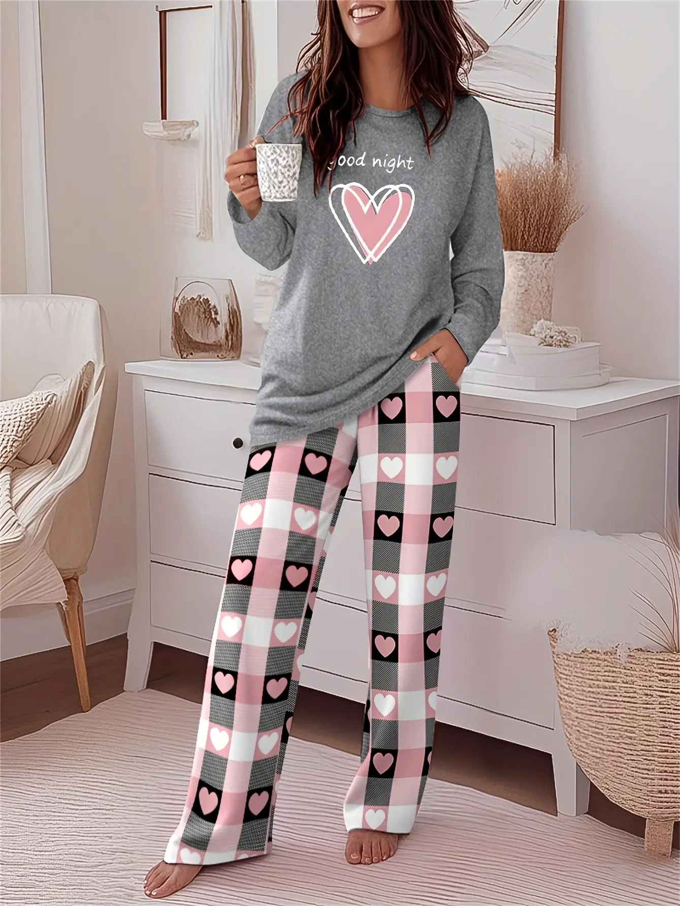 2 Piece Autumn Winter Crew Neck Long Sleeve Loungewear Set, Casual Top & Pants With Side Pockets Soft Sleepwear