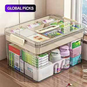 Home Medicine Storage Box with Handle Large Capacity Portable Plastic Pill Organizer Divided Compartments Family Sundry Storage Container