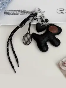 Korean-Style Cute Dog Pendant In An Instagram Aesthetic, Versatile Bag Charm And Keychain, Featuring Black And Brown Color Scheme, Paired With Heart Charms, And A Woven Strap, Weaving Strap, Perfect For Attaching To Bags Or Keys