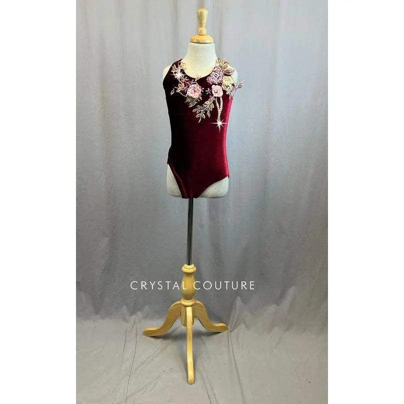 Custom Maroon Velvet Halter Leotard with Appliques and Rhinestones