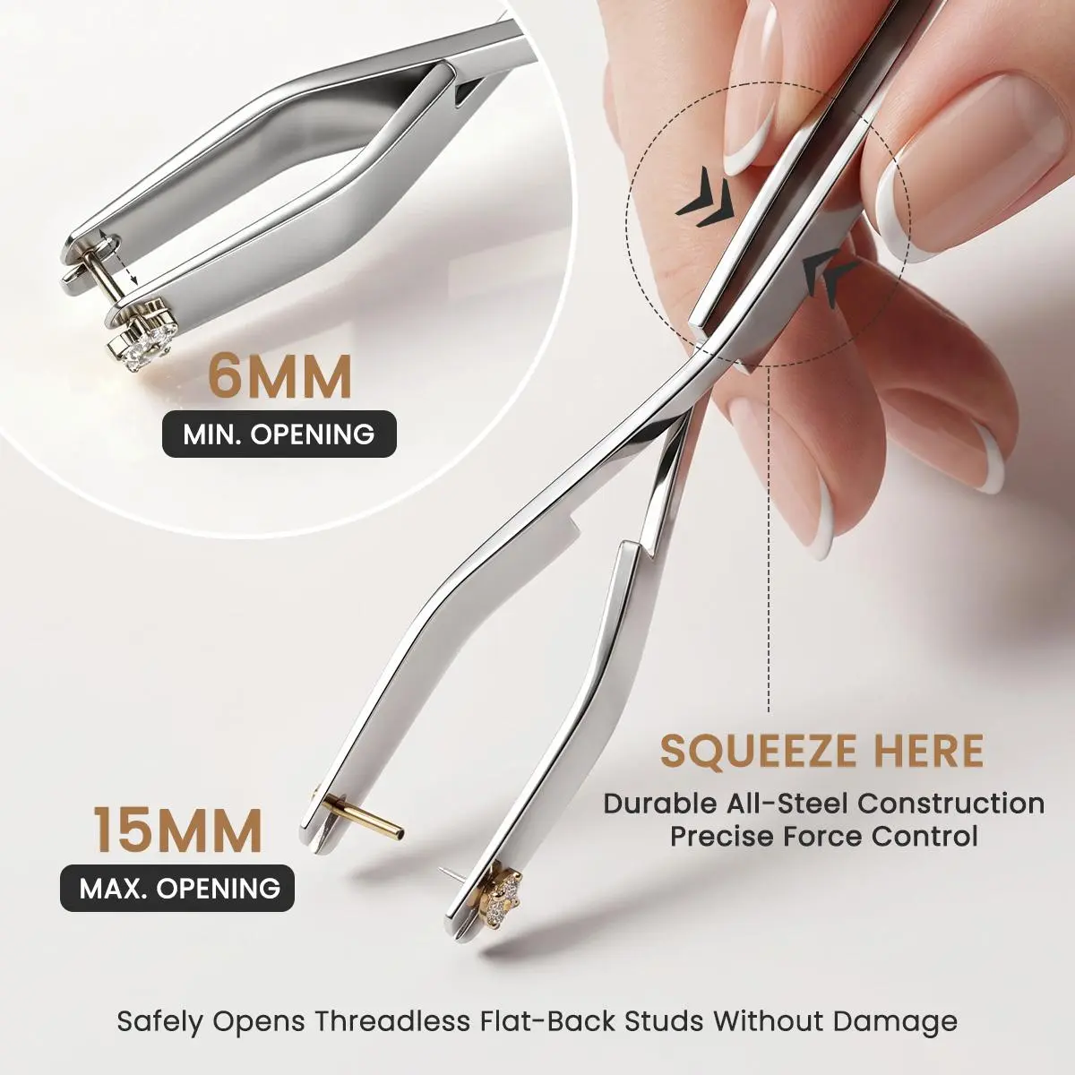 Easy Threadless Jewelry Replacement Tool,Safely Separates 6mm/7mm/8mm Tops from Flat Back Posts Without Damage, No Harsh Pulling or Twisting for Nose Rings & Earrings