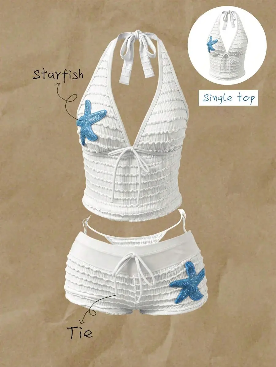 LUNARA Women's Spring/Summer Jacquard Fabric Spaghetti Strap Starfish Decor Bikini Top