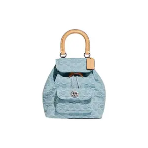 COACH Riya 23 Monogram Logo Buckle Classic Caramel Canvas Backpack for Women, Medium Blue