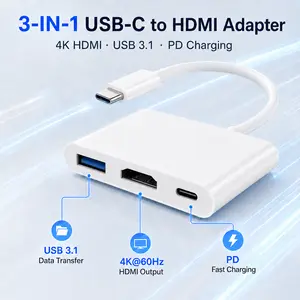 USB C to HDMI Adapter 3 in 1, 4K@30Hz HDMI Multiport Adapter with USB 3.1 5Gbps & 100W PD Charging, Type C Hub for iPhone 15/16, iPad Pro, MacBook, Samsung, TV, Monitor traveling gadgets