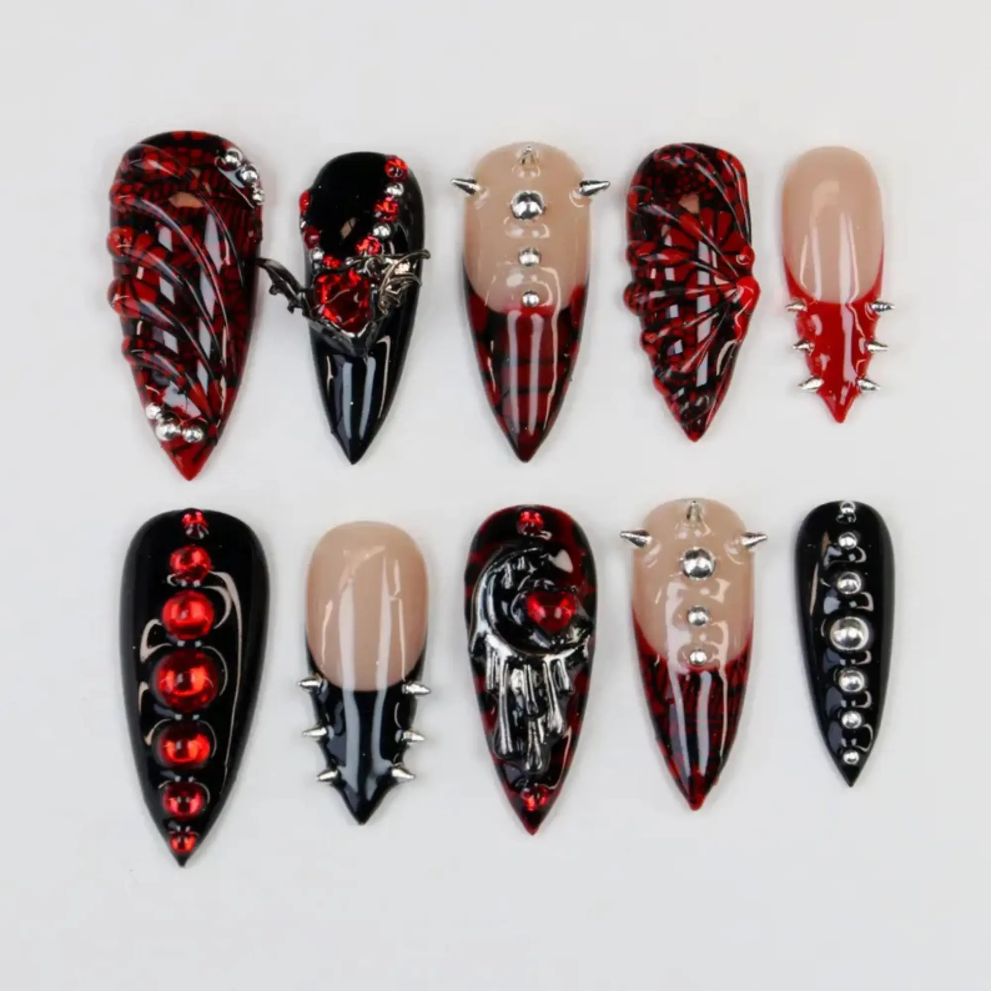 Gothic Vampire Press On Nails | Red Black Spiked Stiletto Nails | 3D Dripping Heart Fake Nails Nails,Party/Festival/Birthday Gift