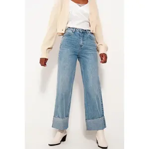 Relaxed Straight Leg Jeans With Turn Up In Bleach Wash