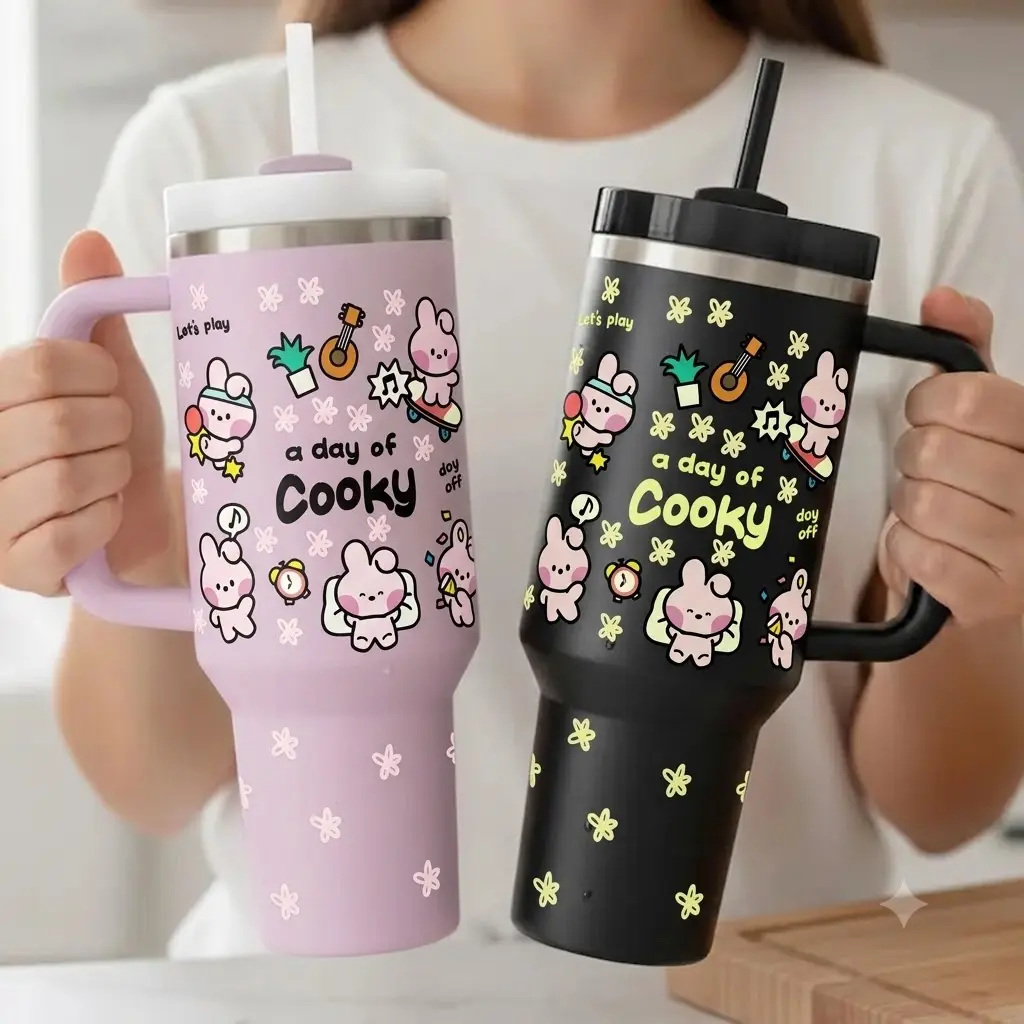 40oz Cute Cartoon BT21 Tumbler, Kpop Inspired Travel Mug, Stainless Steel Fan Gift Drinkware Flasks