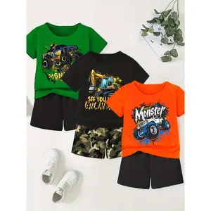 (New)[6pcs Boy's Graphic Set] 3sets/6pcs Boy's Graphic Short Sleeve T-shirt + Shorts Co-ord Set |             Casual Comfy Clothing |             Truck + Excavator + Car, Ideal Daily And Outdoor Wear As Gift