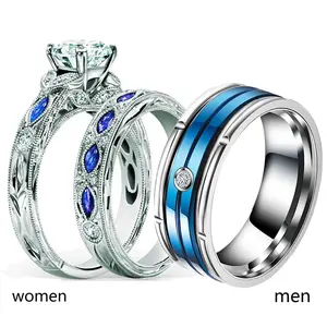 Ringcrown Couple Rings Matching Ring 1ct AAA CZ White Gold Plated 2pcs Women Wedding Ring Sets For Him And Her Ring Sets Men Titanium Steel Wedding Band