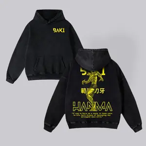 BAKI HANMA Classic Men's Washed Hoodie Sweatshirt Short Sleeve Printed Streetwear Fabric Anime Boxing Menswear Seamless Gift Fans