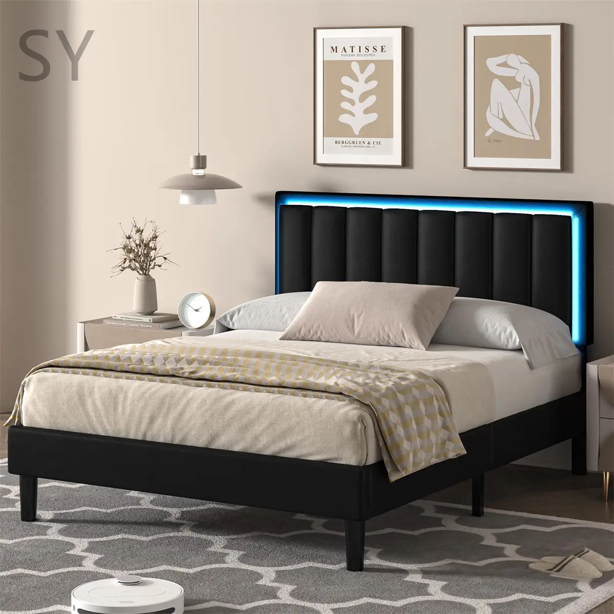 SY-Hot Selling Upholstered Bed Frame with Faux Leather Headboard,Bed Frame with LED Headboard,Heavy Duty Wood Slats Support,No Box Spring Needed,Noise