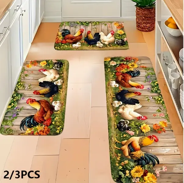 Vintage Farmhouse Rooster Kitchen Rug Set,Summer Outdoor Barnyard Themed Floor Mats, Machine Washable Non Slip Carpet for Kitchen, Living Room, Dining Room, Bathroom & Entryway, Full Set Sizes:15.75"×23.62"+19.69"×31.50"+17.72"×47.24"