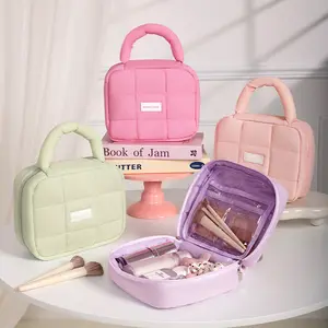 Large Capacity Puff Pastry Square Makeup Bag Candy Color Soft Handheld Cosmetic Bag