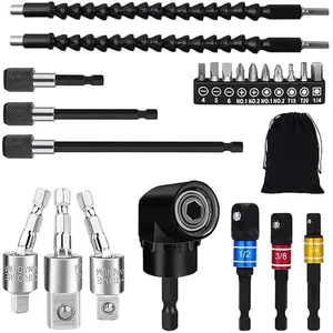 Flexible Drill Bit Extension Set, 105° Right Angle Drill Attachment, 1/4 3/8 1/2" Hex Shank Impact Driver Socket Adapter Rotatable Socket, Bendable Drill Bit Extension and Screwdriver Bit Kit