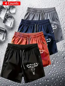 4-Pack Casual Short Pants, Daily Commute Wear, Simple Bull Logo, Soft Comfortable Set, Unisex Everyday, All Seasons Sporty Style