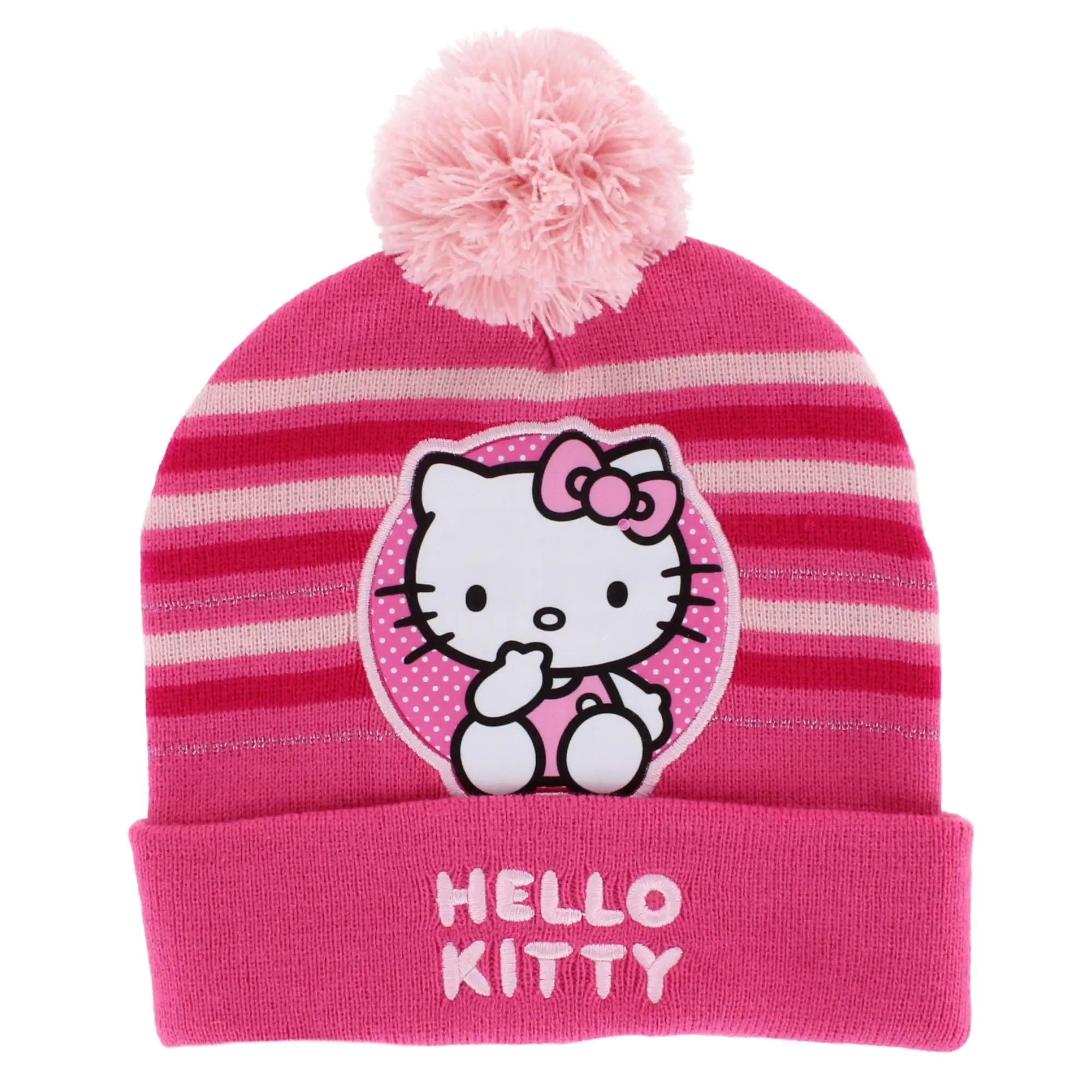 Textiel Trade Girl's Sanrio Hello Kitty Knit Stripe Print Winter Beanie Hat - 13–14 Yrs, One Size Fit, Pom Pom Top