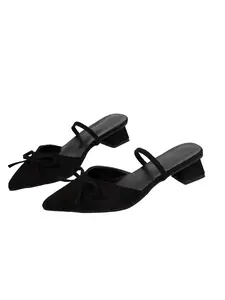 Soft Skin‑Friendly Pointed Toe Bow Mules, Women's Mid Block Heel Slip‑On Sandals
