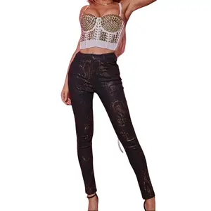 Women's High Waist Snakeskin PU Leather Skinny Pants - Stretchy Fit, Shiny Texture, Side Pockets, Rave/Party/Casual Wear, Easy to Match with Crop Tops Fabric Womenswear Minimalist Bottom Print
