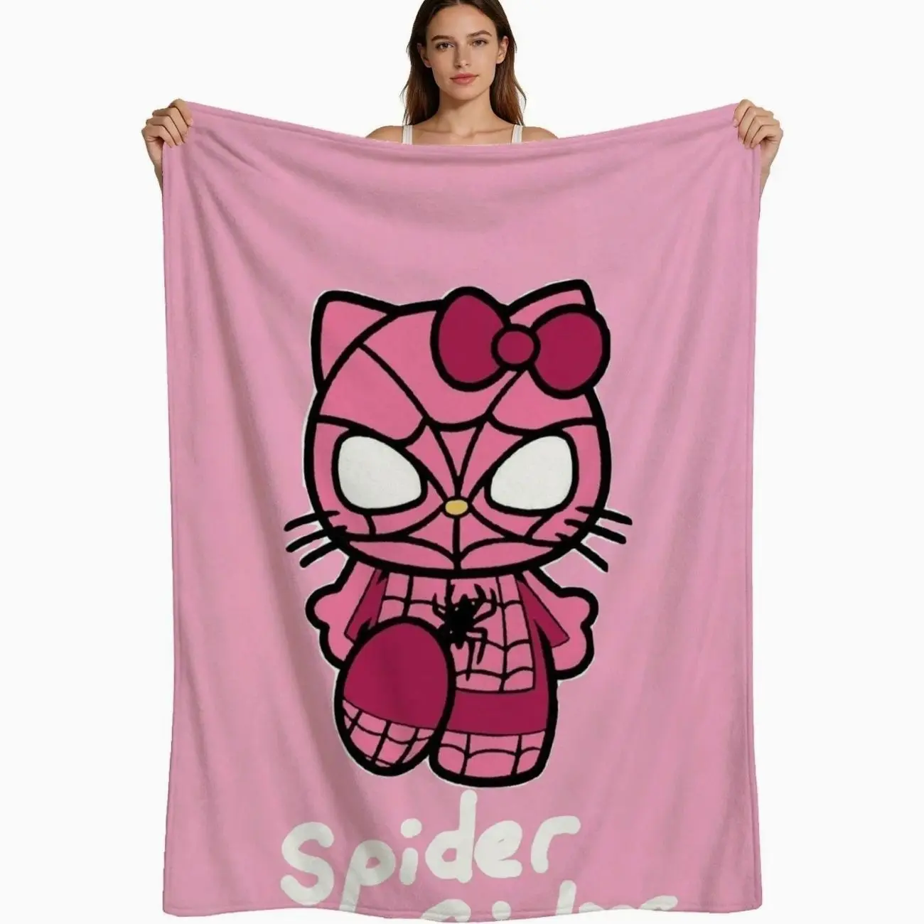 Cute Cartoon Style, Warm Flannel Blanket, Pink Spider Girl Hello Kitty Pattern, Soft Plush Fabric With Clear Print, For Kids Girls Bedroom Decor