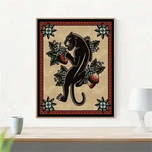 1pc Vibrant Leopard & Strawberry Tattoo Wall Art Print Vintage Abstract Poster Fashion Paintings For Living Room Bedroom Home Office Dormitory Decor Wall Background Design Picture